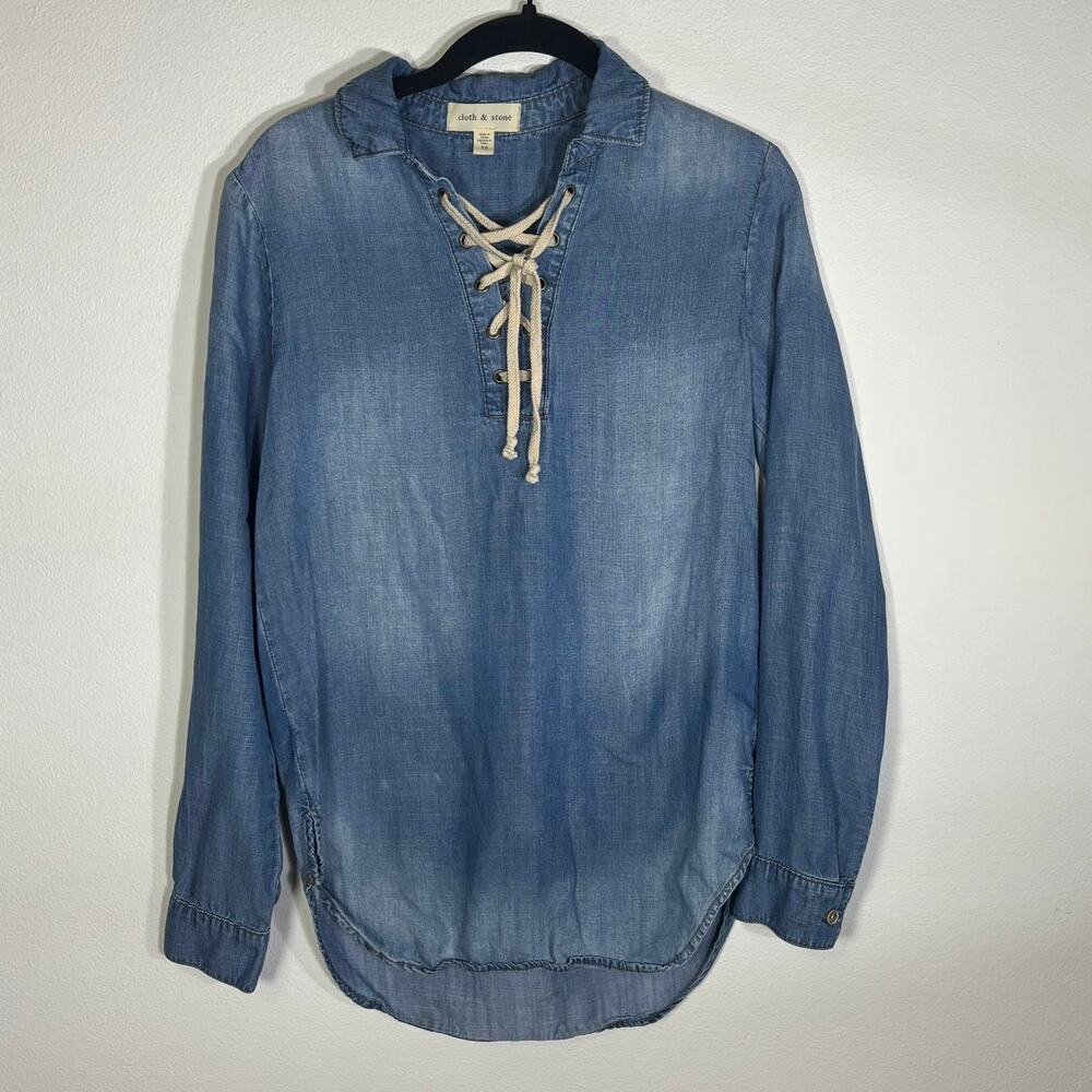 Cloth & Stone Chambray Lace Up Popover Shirt Lyocell Long Sleeve Blue XS